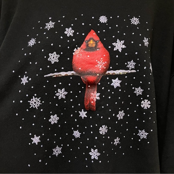 Vintage Morning Sun Red Cardinal Bird Snowflake Double Collar Holiday Sweatshirt - Picture 3 of 8